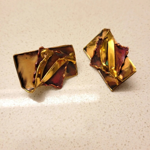 ❤️ 3 for $35 brass copper abstract art artistic  handmade earrings - Picture 4 of 8